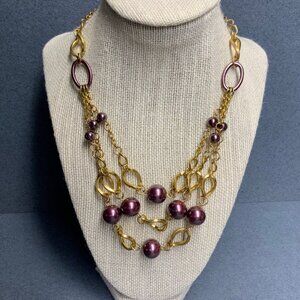 Retro Triple Strand Necklace 18 In Purple Pearl Gold Twist Chain Glam Vintage